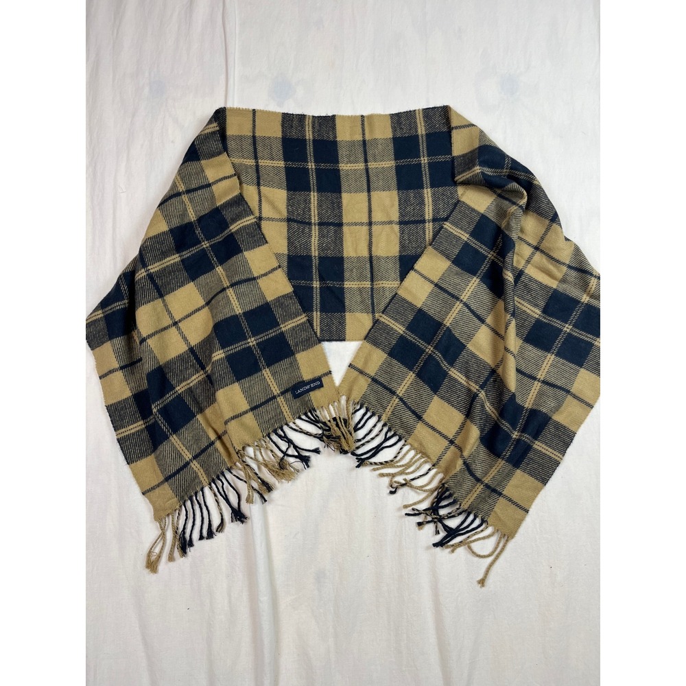 Lands End Plaid Scarf Tan Navy Blue Checkered Fringe Winter Accessory Womens